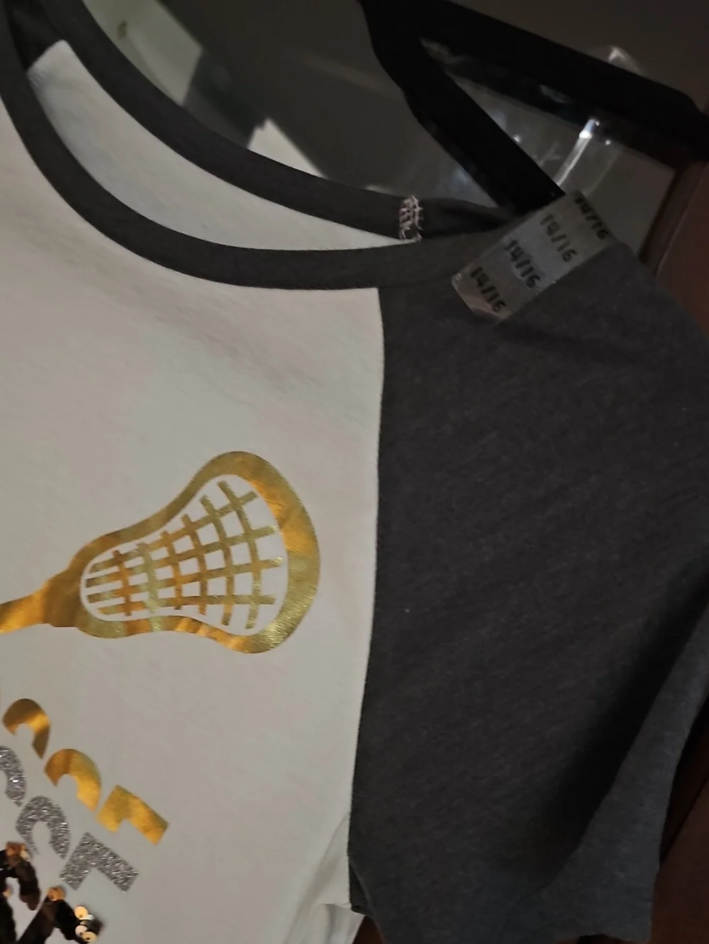 Justice Lacrosse Raglan Glitter Tee - White with Charcoal Sleeves Sz 14-16 Nwt